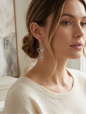 Silver Heart Clear Stud Classic Neutral Dangly Earrings